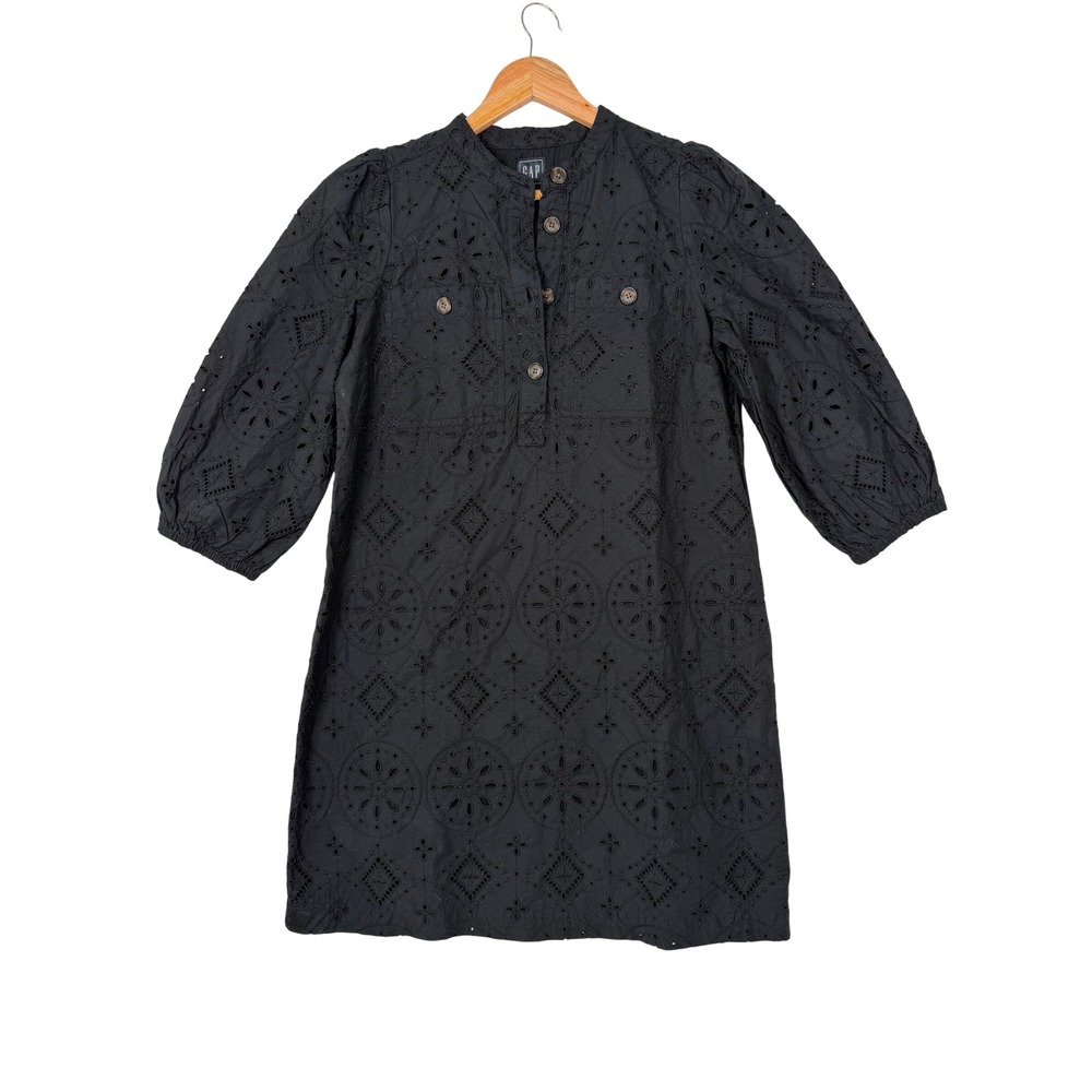 Gap Utility‎ Eyelet Dress Womens Small Black Shift 3/4 Sleeve Embroidered Cotton